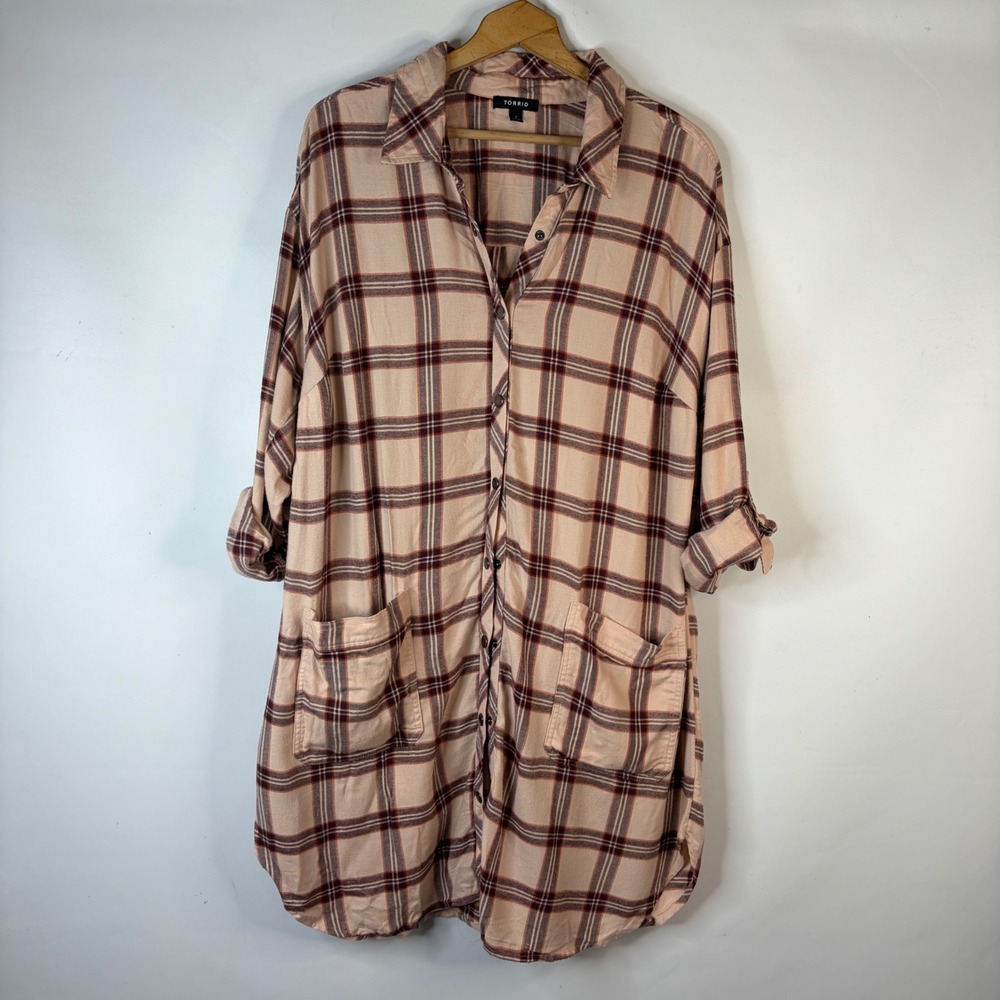 Torrid Button Down Women 2 Pink Plaid Flannel Long Sleeve Roll Tab Tunic Pockets